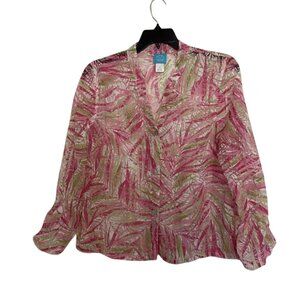 Brielle Blvd Pink and Green Botanical Fern Print Top with Roll-Tab Button Sleeve